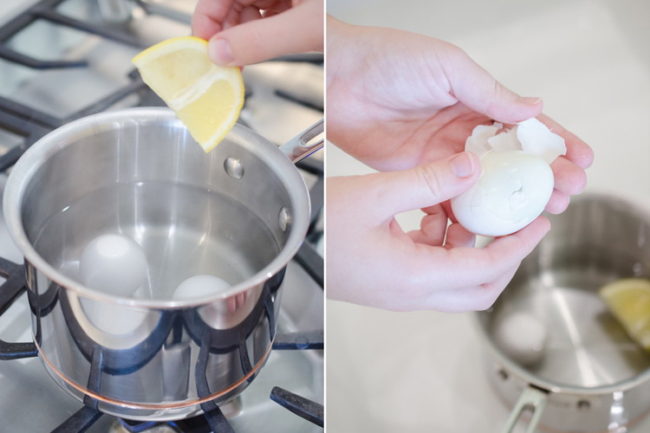 Drop a slice of lemon in while hard-boiling eggs to make the shells easy to peel. 