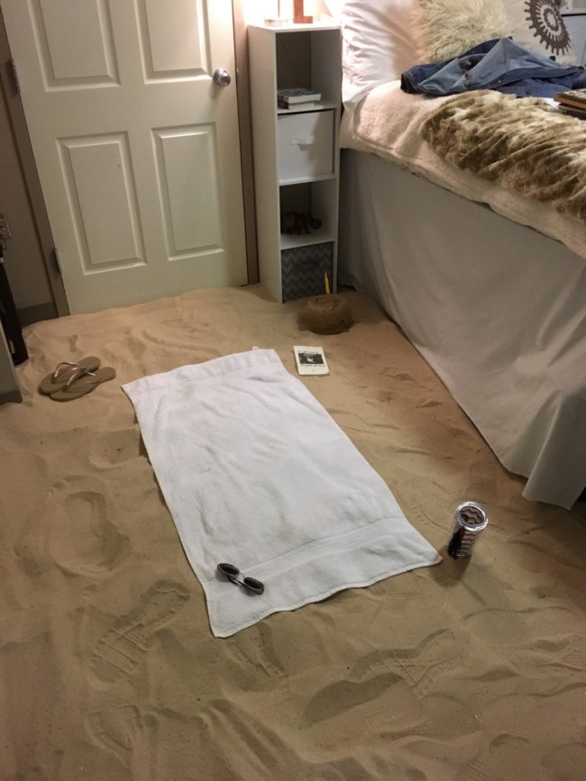 When an RA named Beth got on the bad side of her fellow resident assistants after a prank involving saran wrap, they decided to fight back. The saran wrap victim and jeagle101 had heard Beth talk about missing the beach so often that they decided to cover her room in 600 pounds of sand. They carried it in, 50 pounds at a time.