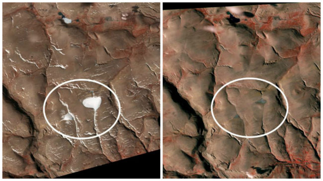These ice caps on Ellesmere Island in Nunavut, Canada, have significantly shrunken between 2004 and 2015.As of 2015, the larger one was seven percent the size it was in 1959, and the smaller one was six percent of its size.