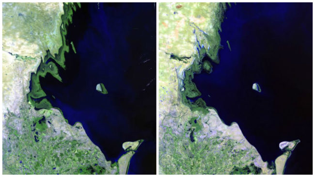 Heavy rainfall has increased the flow from the Volga River, which is the Caspian Sea's main source of water.This is causing the large body of water to grow so much that it is flooding coastal settlements and even leading to the decline of wildlife on Tyuleniy Island.Below is the change between 1985 and 2011.