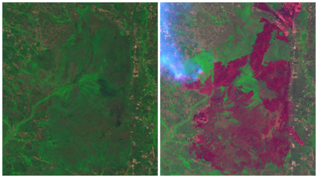 Dry conditions paired with lightning strikes caused wildfires to spread across the Okefenokee National Wildlife refuge in the Honey Prairie region of Georgia in April 2011.Over 290,000 acres (represented by the red shading) had burned by July, and the smoke in the right image indicated that fires were still active at that point.