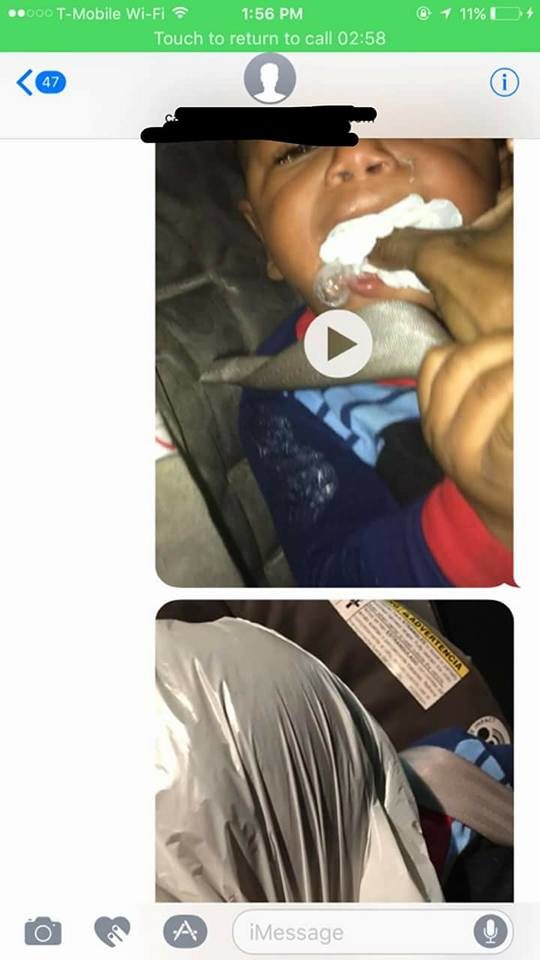 First, when the child won't stop crying, she shoves a plastic bag in his mouth. She continues pushing it in as he cries out.