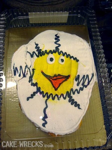 This is more sunny side up egg smashed on the ground than adorable chick.