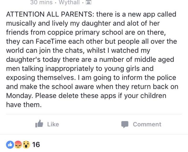 Even schools, like Tidbury Green School, which posted the following status to their Facebook page, are beginning to warn parents about the chat feature on musical.ly. Some parents say they have found messages and images from older men to young girls.