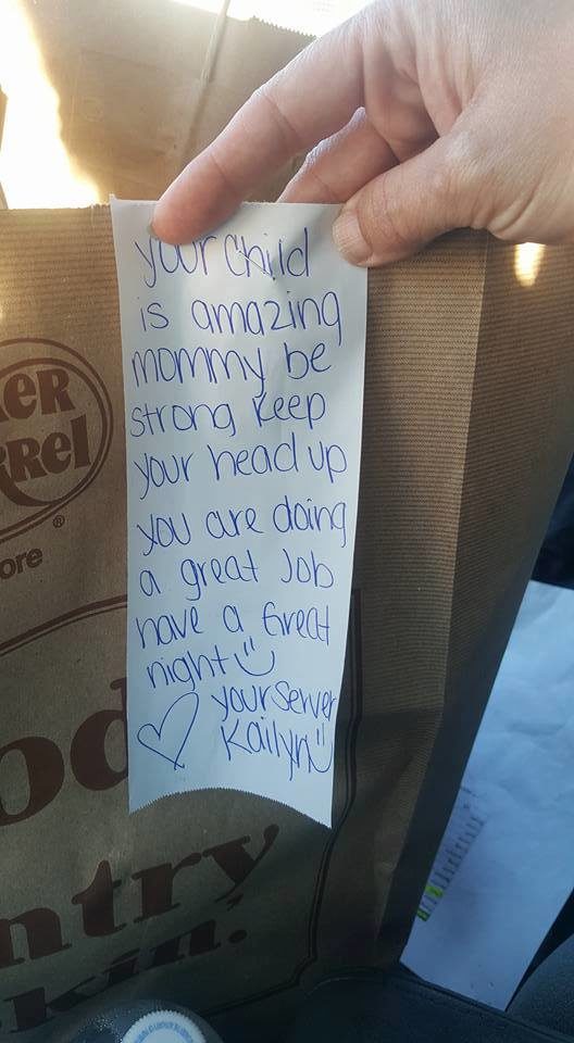 After her husband left with Ian, Jamie placed a to-go order with the waitress, Kailyn, who had been so patient with their family. Much to Jamie's surprise, her meal was completely paid for and Kailyn had written her an encouraging note.