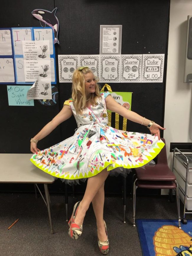 This first grade teacher let her students design her dress for the last day of school.