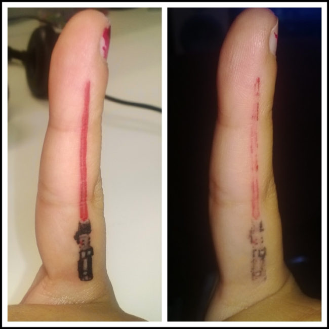 Finger tattoos are popular and cute, but the skin there doesn't hold ink well. This lightsaber didn't even last a week.