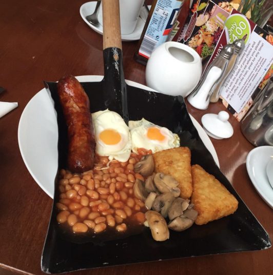 Surprisingly enough, breakfast isn't that appetizing served in a shovel.