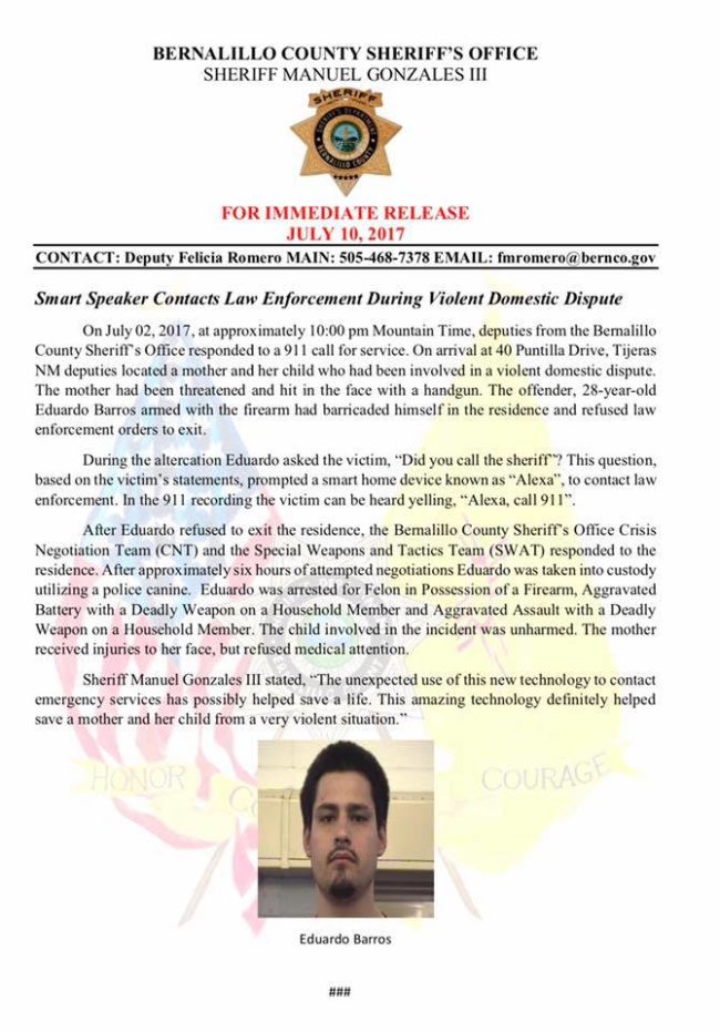 The Bernalillo County Sheriff's Office says they were working off of victim statements when they said Alexa called them, but that regardless of who made the call, they're glad they were able to get there to help.