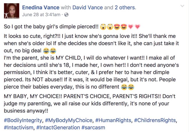In her post, Vance tells other parents not to judge, that she&rsquo;s the parent in this equation, and that she makes all the decisions for her daughter until she&rsquo;s over the age of 18.