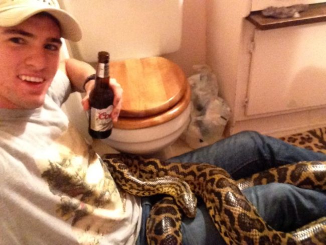 "Arrive to my dad's house. No one is home. Enter bathroom to take a pee. Find a random 16ft python. Enjoy beer with new friend."