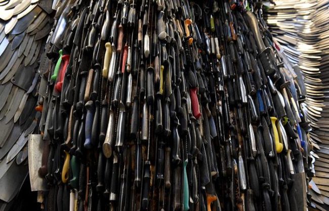 The British Ironwork Centre created 200 banks as part of their “Save a Life, Surrender Your Knife" program, to which people anonymously donated their knives and weapons.