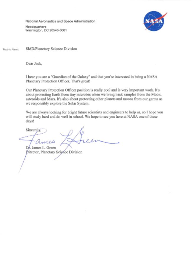 In hopes of encouraging Jack to keep working toward his space goals, Dr. Green wrote back to the ambitious kiddo.