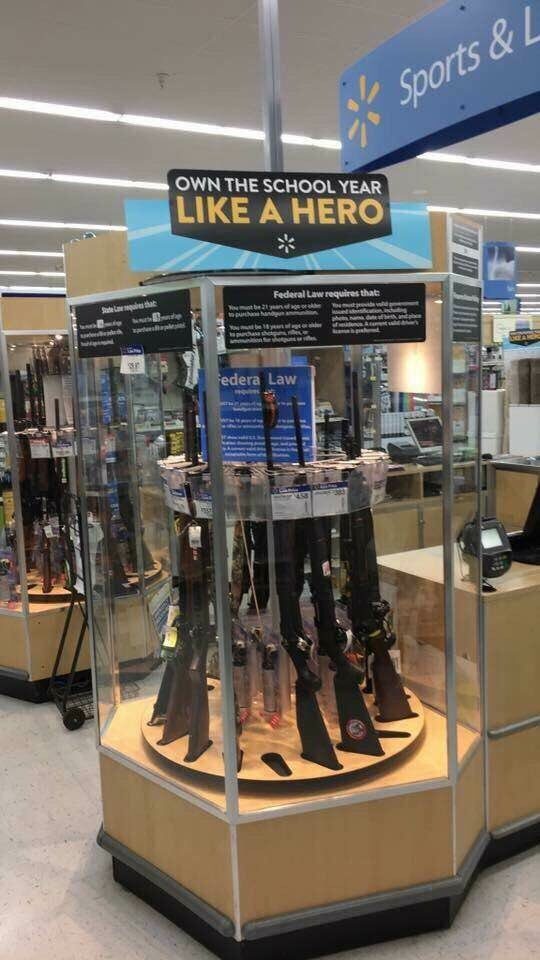 Many Walmart stores around the U.S. sell guns for hunting and sports, but as back-to-school items? Not so much.