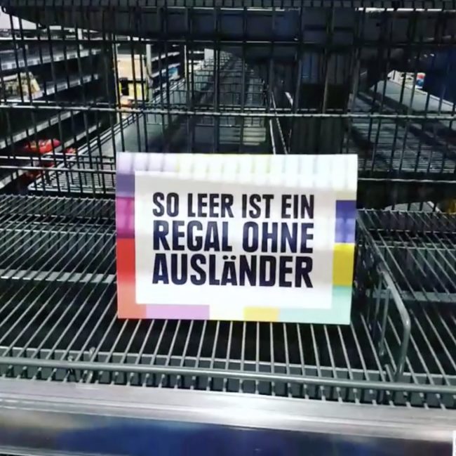 One sign read, &ldquo;This shelf is pretty boring without diversity,&rdquo; while another added, &ldquo;This is how&nbsp;empty a shelf is without foreigners.&rdquo;