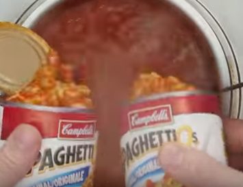 This weird concoction calls for two cans of condensed tomato soup to be added to water, along with unflavored gelatin and SpaghettiOs.