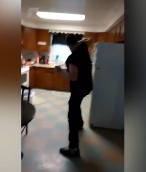 First, he aimed for the ceiling, then shrieked when the bug flew away.