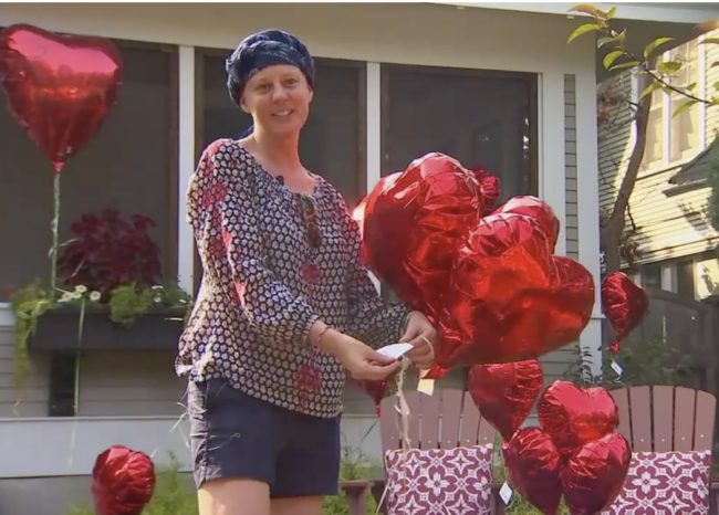 When Stegenga pulled in the driveway, she discovered 101 heart-shaped red balloons scattered across her front yard.