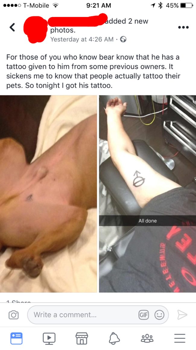 He was horrified that his dog had been given a tattoo "by previous owners," so he got one to match. That's when friends and family stepped in...