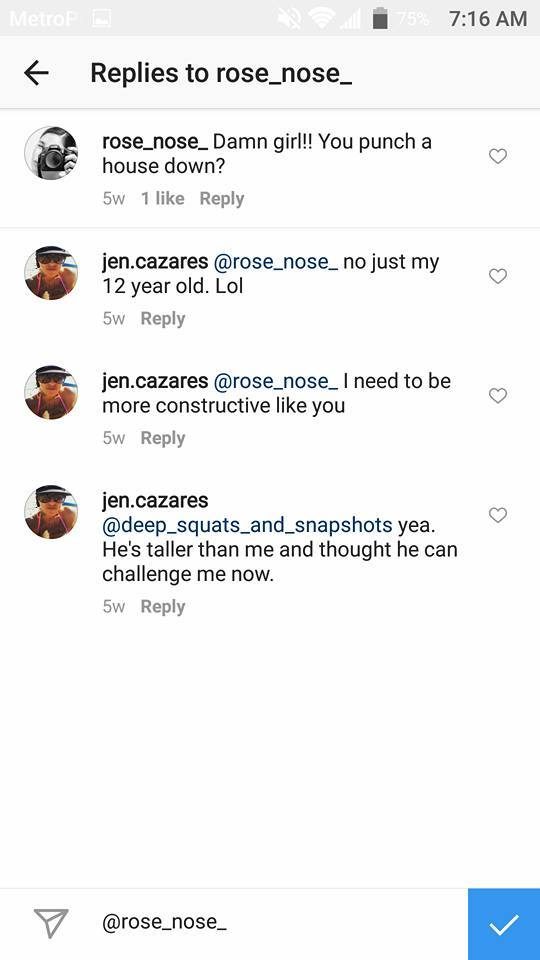 When someone asked if she "punched a house down," she responded, "no just my 12 year old. Lol." She then says she "need[s] to be more constructive" and that the boy "challenged" her.