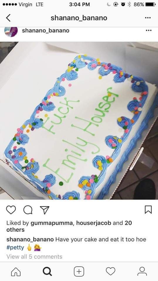 But Houser&rsquo;s former co-workers and Davidson didn&rsquo;t stop there. Taking to social media, they shared a photo of an offensive cake that Davidson and her co-workers ate during a party celebrating her quitting.