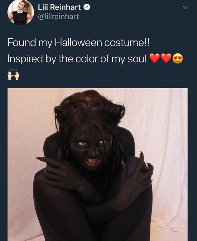 Blackface should never be a part of our costumes, Halloween or otherwise. But we should also acknowledge that covering your body in black paint to look like a demon does not equal blackface. Unfortunately, many who saw Reinhart's tweet didn't agree.