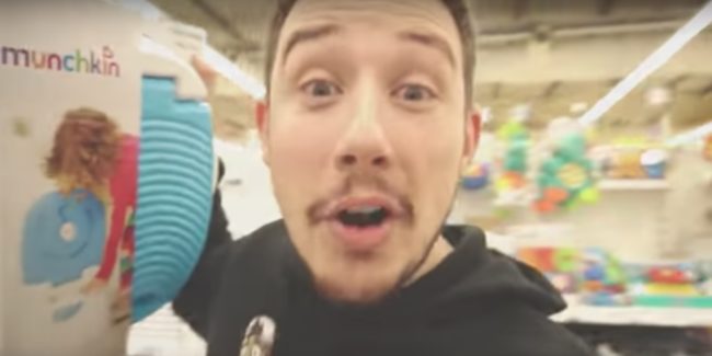 He buys snack foods and plenty of water to get him through the 24+ hours he'll be spending in the box. He also buys a child's training toilet to use for himself while inside the box. Gross.