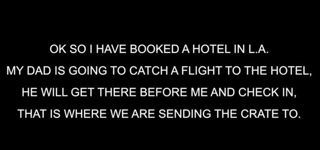After that, the plan starts to unfold. Kill'em's father will be waiting at a hotel in Los Angeles, where he'll pick up the crate. He's brought his passport along in the box so he'll be able to fly home, and in addition to the camera filming him, he's outfitted the crate with a spy camera so he can see what's happening outside.