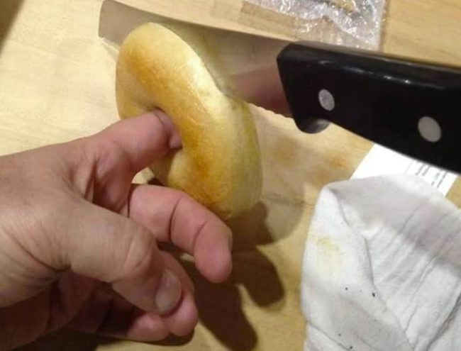"When cutting bagels in half, put your finger through the stabilization hole to keep it steady." -- jaapgrolleman