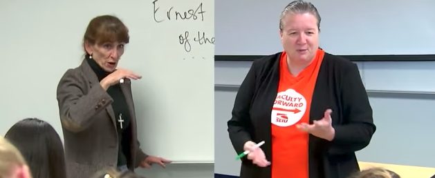 Ellen James-Penney (left) joined Mitchell (right) in talking to Inside Edition about the plight of homelessness among college professors. James-Penny grades papers in the back seat of her car using a headlamp. Both say they love their profession and don't want to leave it.