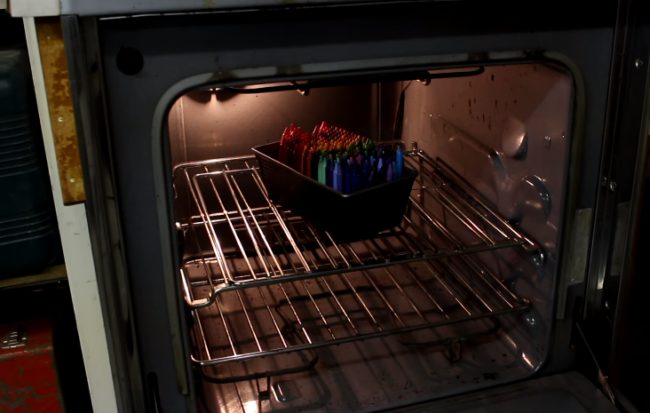 After removing the wrappers on each crayon and arranging them by color in a bread pan, Brown left them in the oven for three hours.