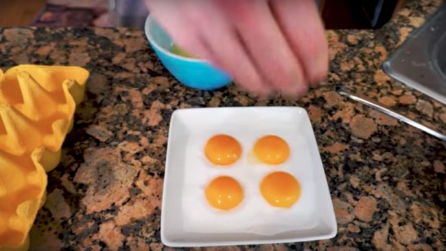 You start out with a dish full of salt and some decent eggs. The flavor of the yolk becomes really concentrated, so trying out some organic or cage-free eggs might be your best bet. Separate the yolks and place them right on the salt.