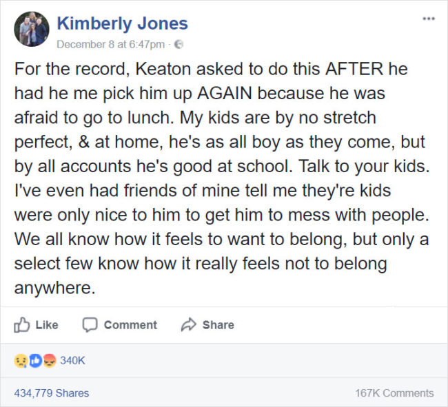 His mother then posted the video, seemingly with the purpose of raising awareness about bullying and how it affects kids who feel like they don't fit in.