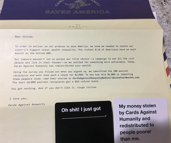 The rest received nothing except this letter and the satisfaction of knowing their small contributions helped those less fortunate in a big way. Something tells me they don't mind.