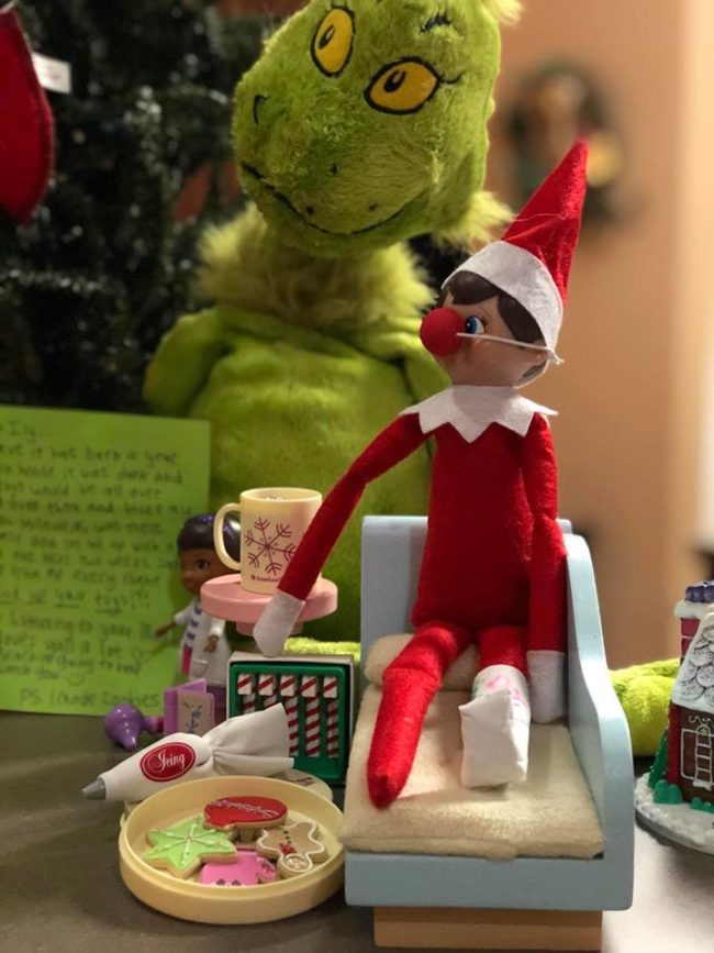 "Elfis, our elf that we’ve had for 5 years, arrived on December 1st with a broken leg and blamed it on the kids for leaving their toys out, saying he tripped and broke his leg but Doc McStuffins fixed him up and put a cast on him. The note told the kids that he was on strict bedrest orders and couldn’t move for 14 days."