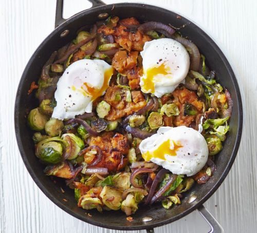 If you had trouble getting the kids to eat their Brussels sprouts with dinner, try it out on them again in the morning with this sweet potato and sprout hash.