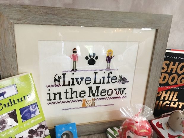 ...which came in the form of a commissioned cross-stitched piece of VietteLL, her cats and Gates in disguise. How adorable is this?