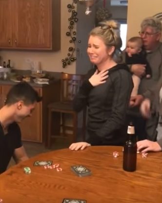 It didn't take her long to start crying as her boyfriend knelt down on the floor.