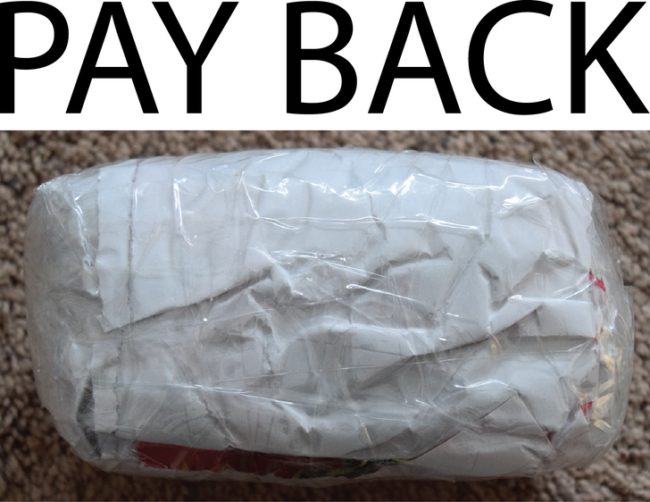 Last year for Christmas she gave him a candy bar, but it was wrapped in an entire roll of packing tape. It was difficult and frustrating to open, and her brother stewed about it to come up with the perfect retaliation this year.