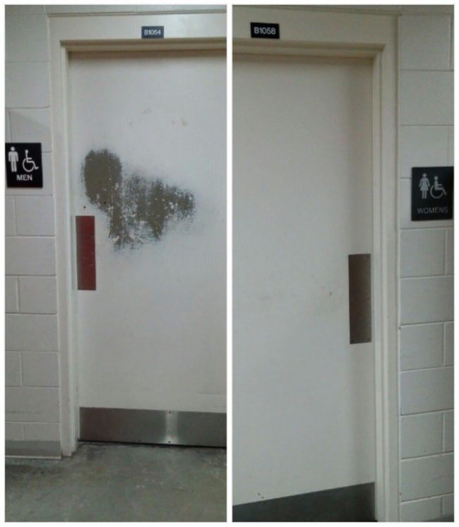 "The men's bathroom door vs. the women's at my engineering university."
