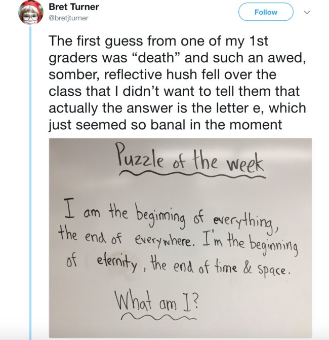 The answer was simply the letter "e," but this kid's got a whole lot more on his mind. 