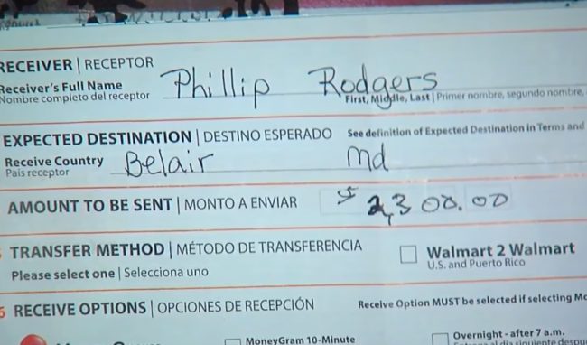 The unsuspecting Rodgers went straight to his local Walmart to do a store-to-store money transfer. 