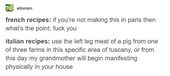 Check out all the hilarious cooking instructions below and see if they match up with how your loved ones make their favorite national cuisines.