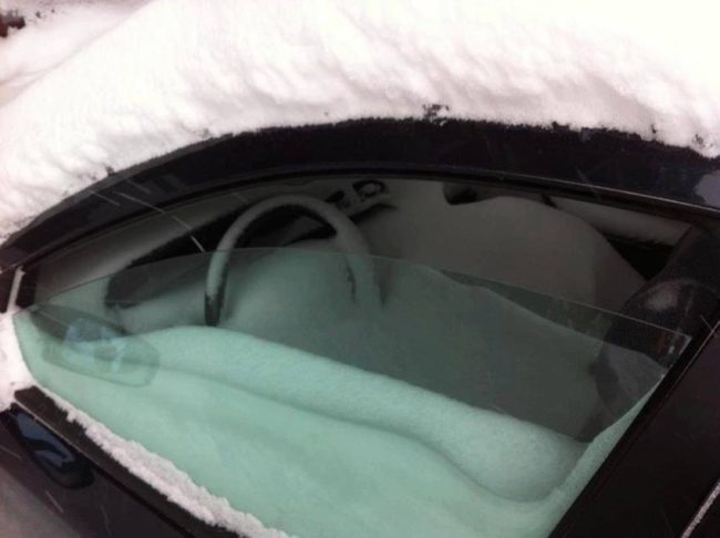 "What happens when you forget to roll your window up before a snowstorm."