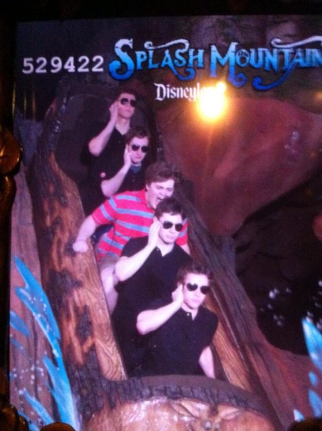 "My boyfriend and his friends have been pretending to be body guards for one of their choir mates all day in Disneyland. This is them at Splash Mountain."