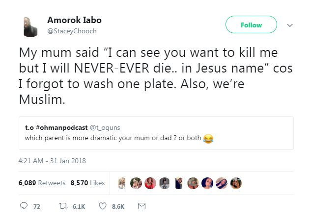Twitter user @t_oguns recently asked people which of their parents is more dramatic, sparking a collective recount of the lengths some go to make a point to their kids or teach them a lesson. Check out some of the funniest and most ridiculous stories below.