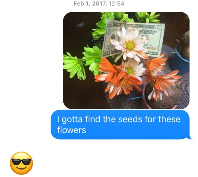 Their text messages reveal a loving and sweet exchange. She says he loves getting the pictures when she finds a new $20 bill.