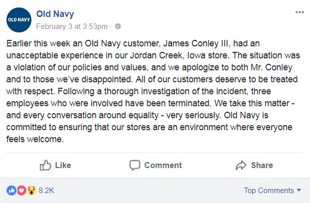 A few days after Conley III shared his awful experience on Facebook, Old Navy issued this statement concerning the matter: