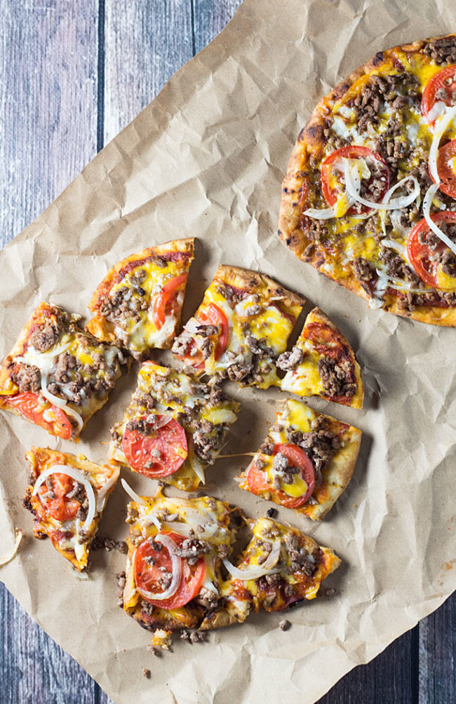 Combine your favorite comfort foods in this Naan cheeseburger pizza.