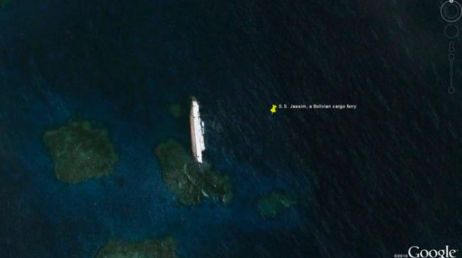 This one's no longer visible today, the S.S. Jassim was once the largest shipwreck visible on Google Earth. The Bolivian cargo ferry met its demise after it sunk off the coast of Sudan in December 2003.